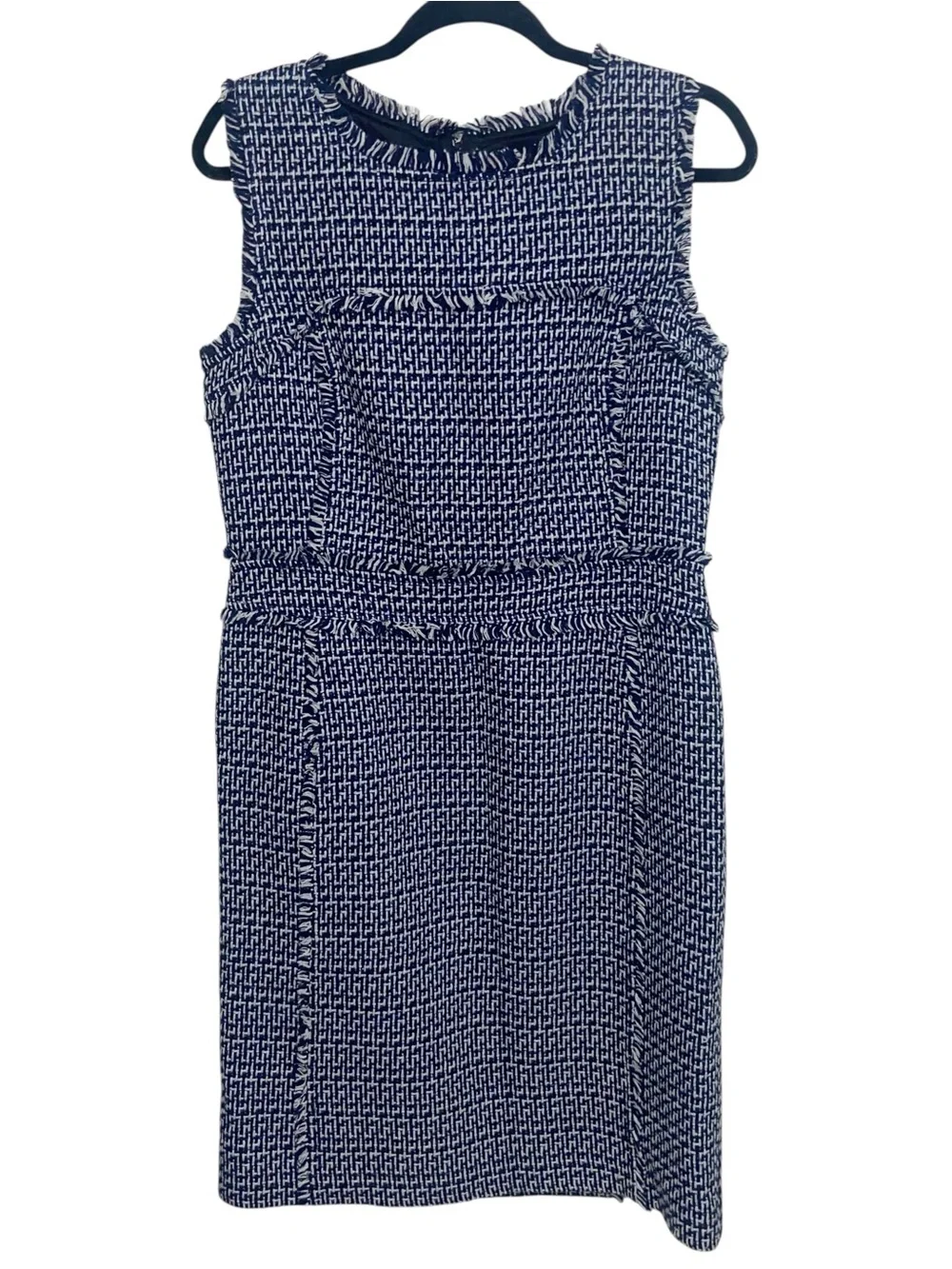 Tory Burch Dress Womens Size 12 Petula Tweed Sheath Navy Blue Fringe Preppy Fall